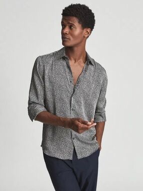 REISS Blanca Neutral Tone Squiggle Black White Grey Print Button Down Shirt